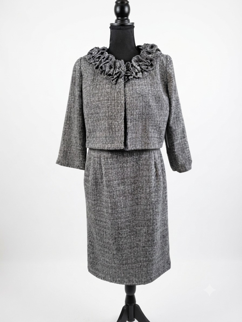 Danny & Nicole Gray Tweed Midi Dress with Ruffle Collar Jacket